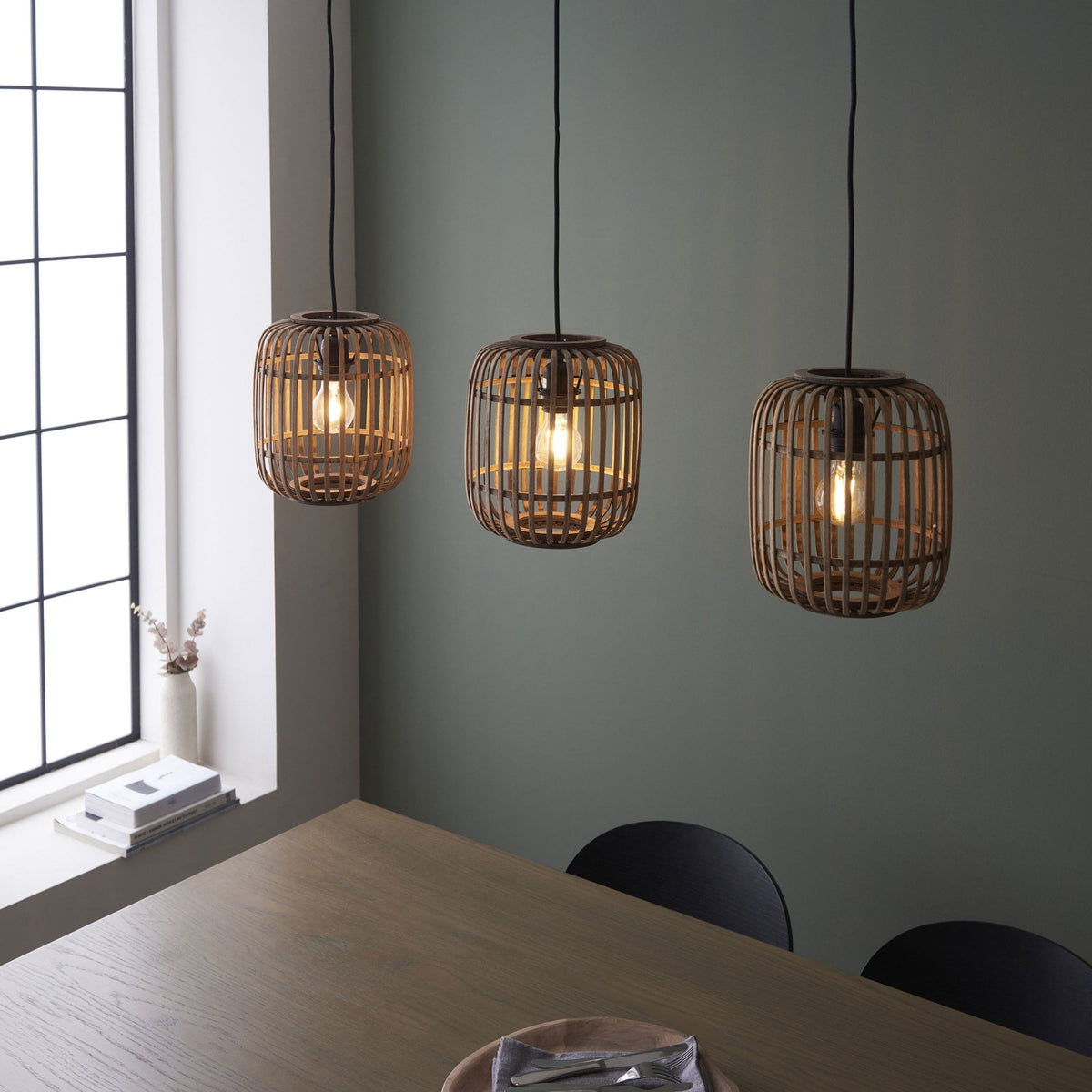 Mathias Triple Drop Linear Pendant with Light Bamboo Cages