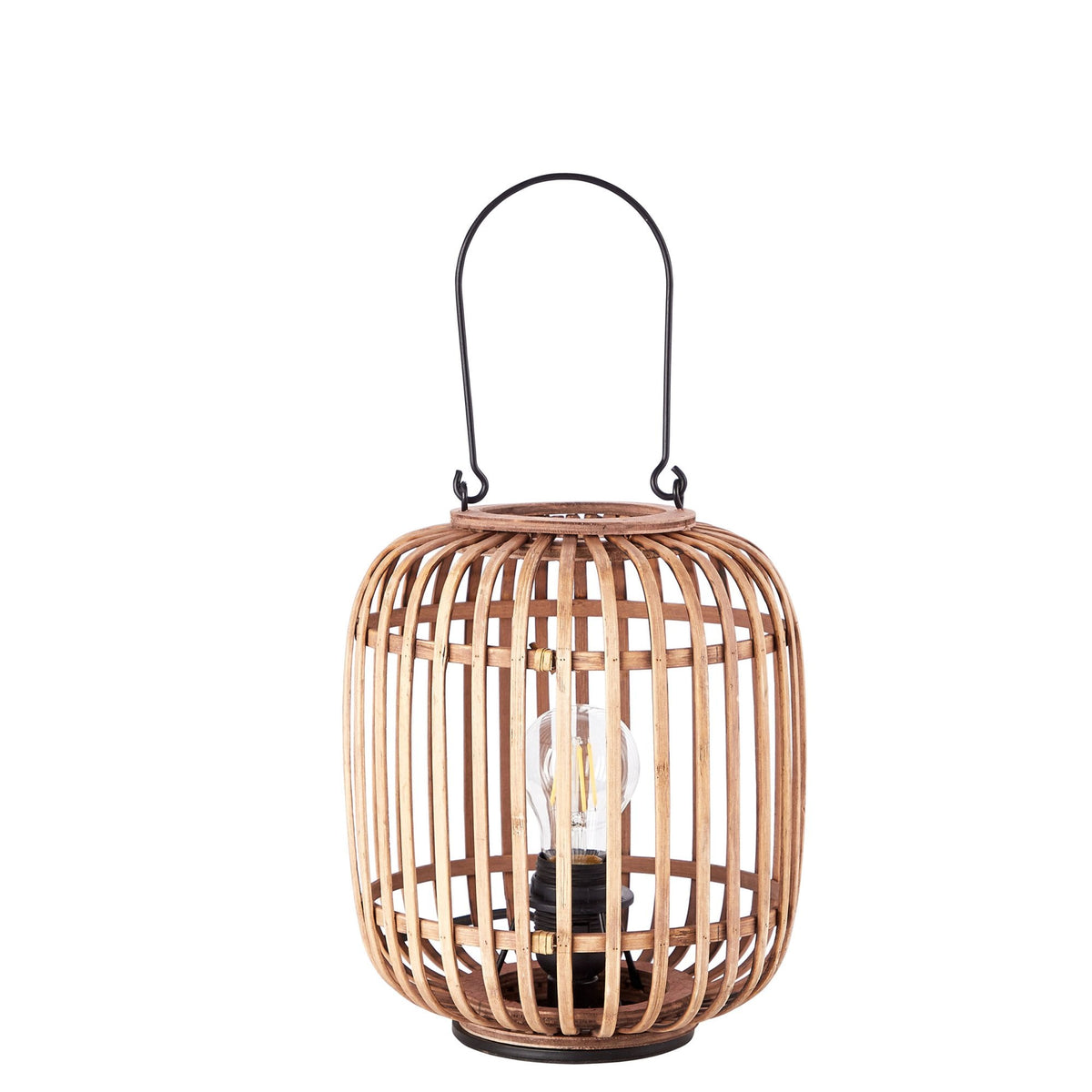A bamboo cage table lamp with a handle on a white background.
