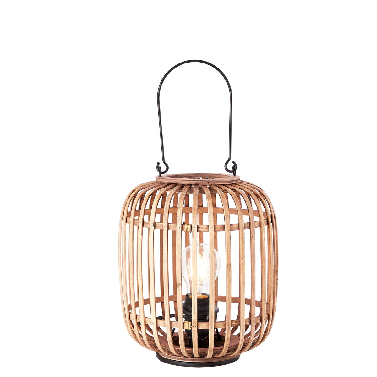 A bamboo cage table lamp on a white background, highlighting its design.