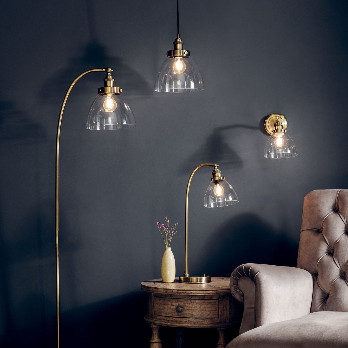 Hansen Task Table Lamp in Antique Brass and Clear Glass Shade