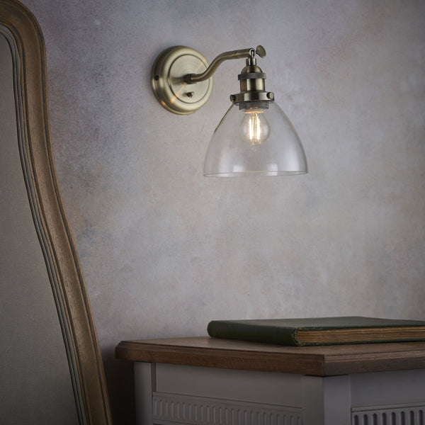 Hansen Wall Light in Antique Brass and Clear Glass Shade