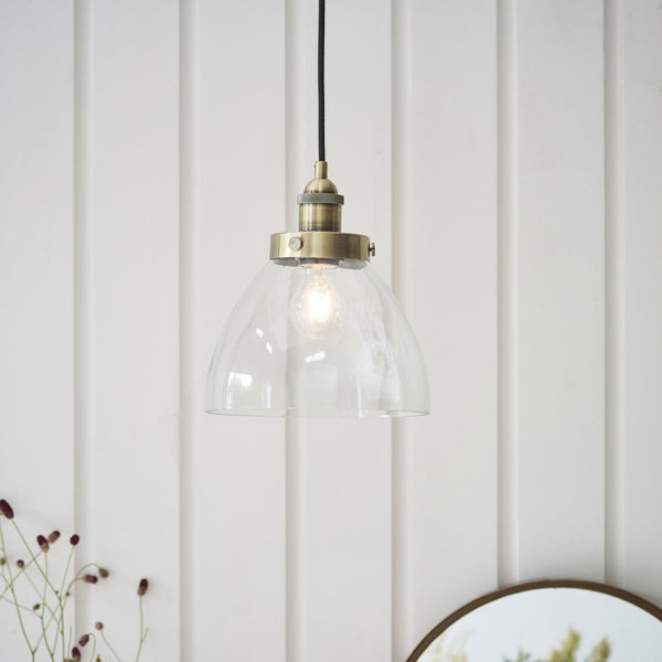 Hansen Single Pendant in Antique Brass and Clear Glass Shade