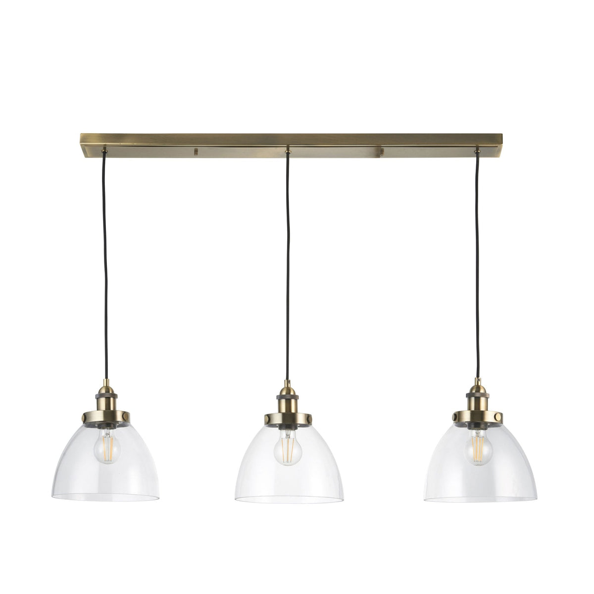 Hansen Triple Drop Linear Pendant in Antique Brass and Clear Glass Shades