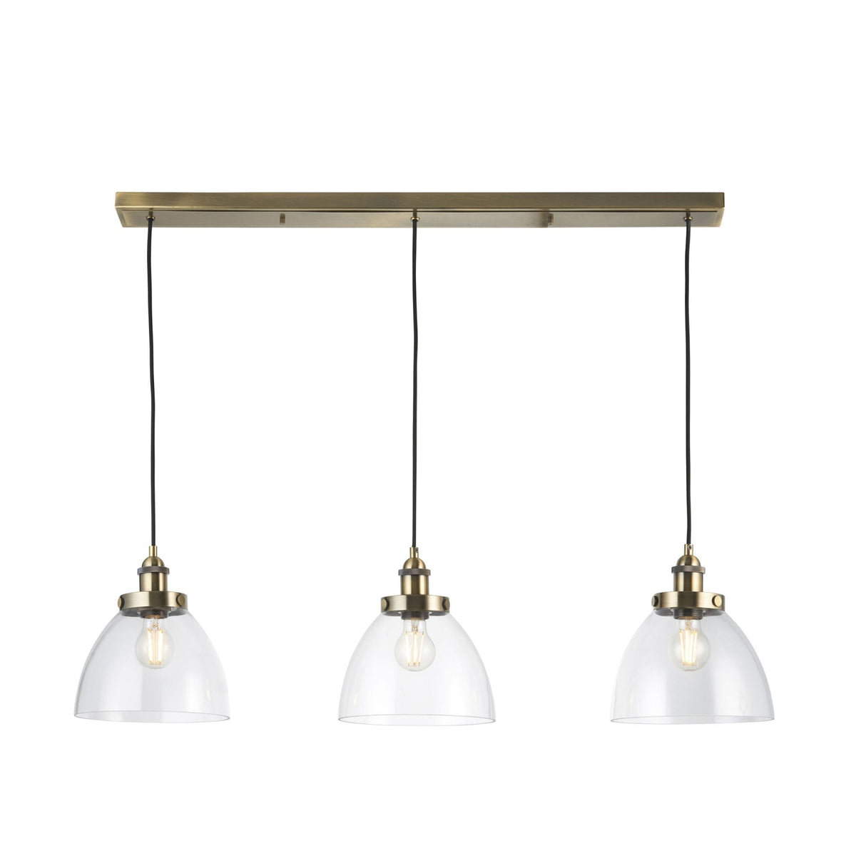 Hansen Triple Drop Linear Pendant in Antique Brass and Clear Glass Shades