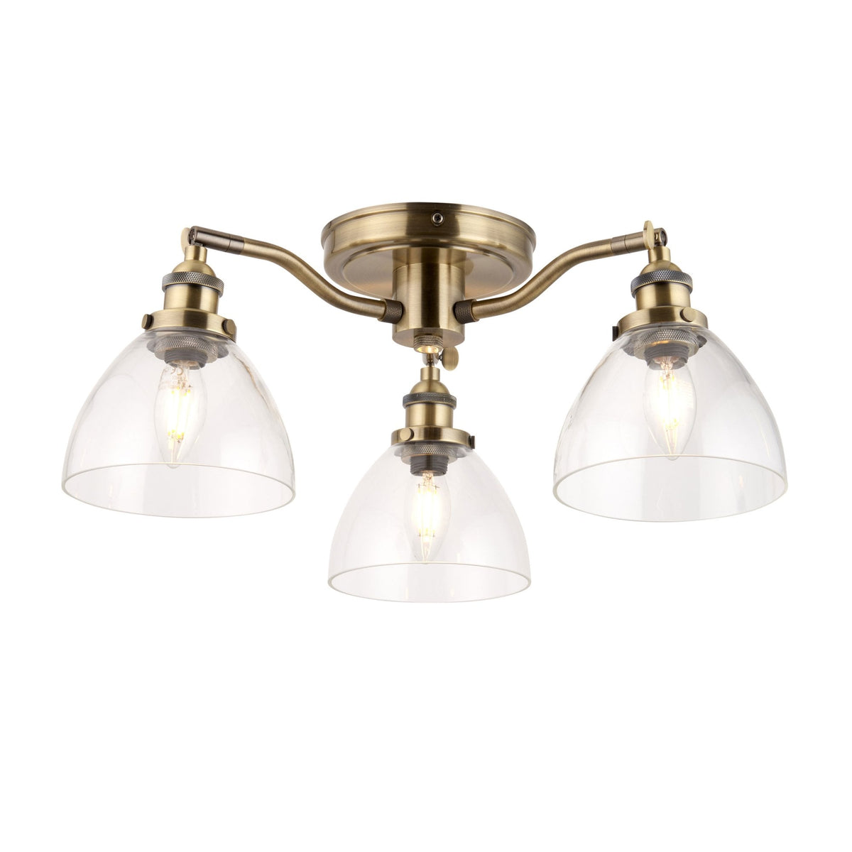 Hansen Three Arm Semi Flush Light in Antique Brass and Clear Glass Shades