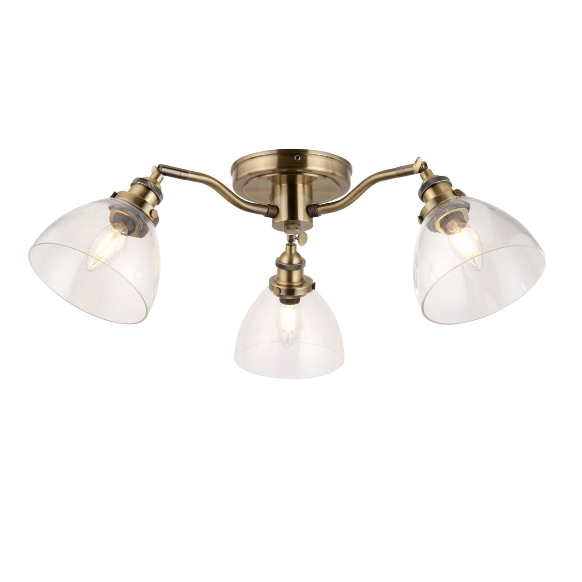 Hansen Three Arm Semi Flush Light in Antique Brass and Clear Glass Shades