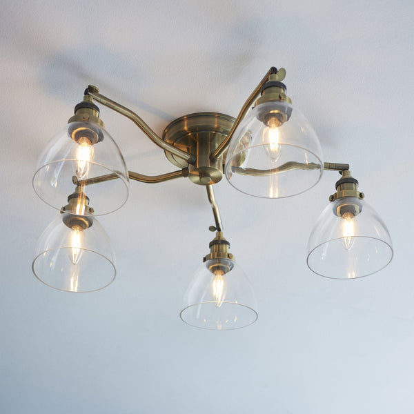 Hansen Five Arm Semi Flush Light in Antique Brass and Clear Glass Shades