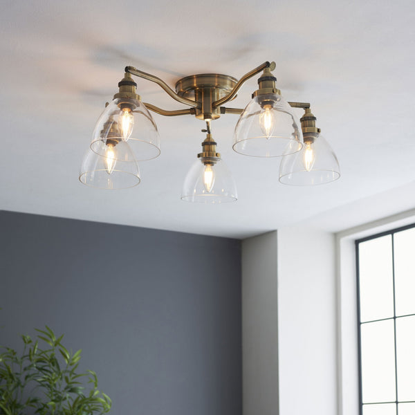 Hansen Five Arm Semi Flush Light in Antique Brass and Clear Glass Shades