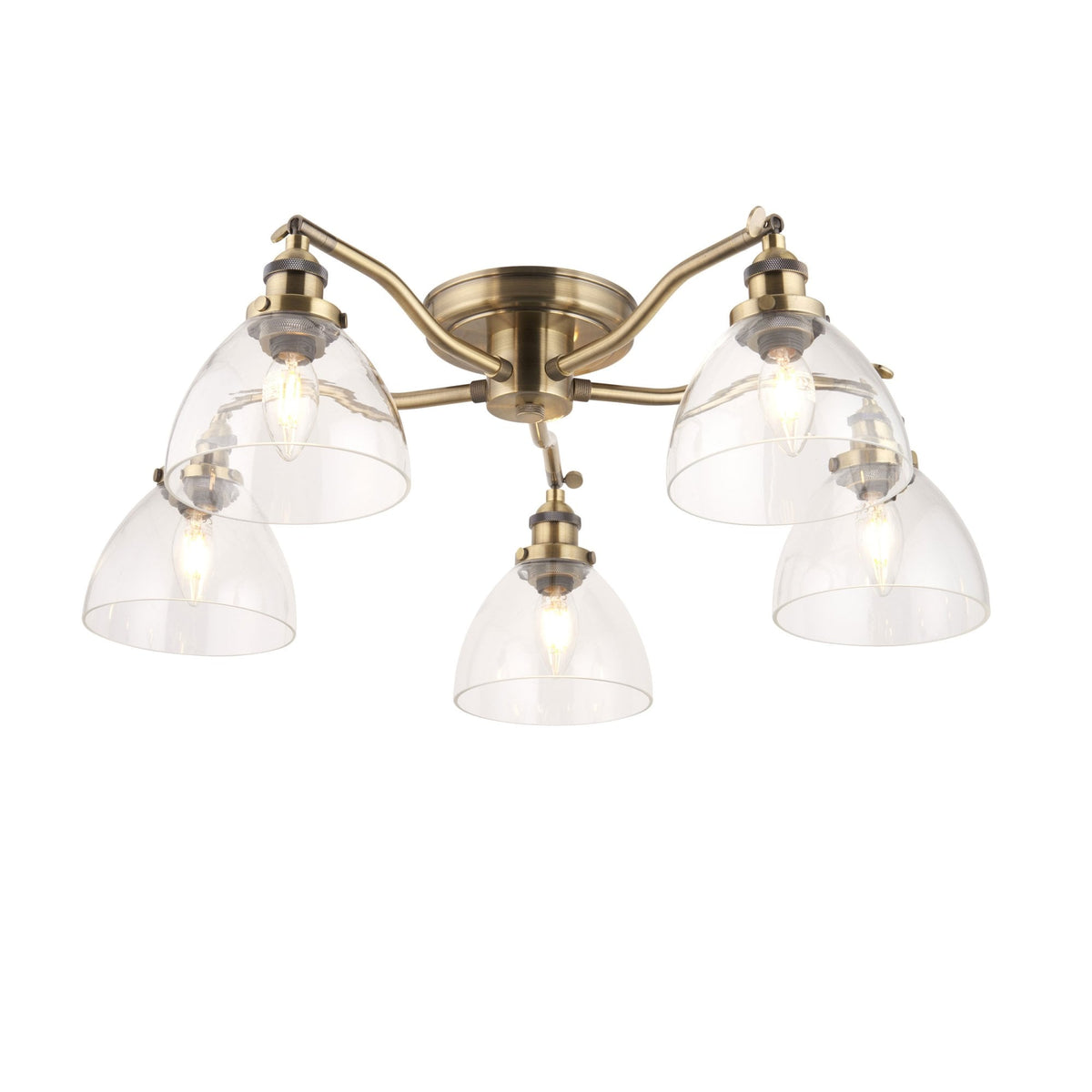 Hansen Five Arm Semi Flush Light in Antique Brass and Clear Glass Shades
