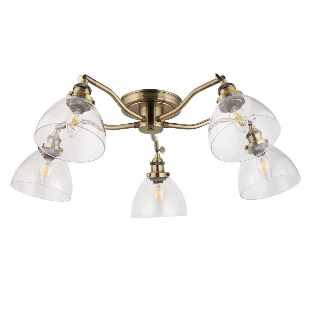 Hansen Five Arm Semi Flush Light in Antique Brass and Clear Glass Shades