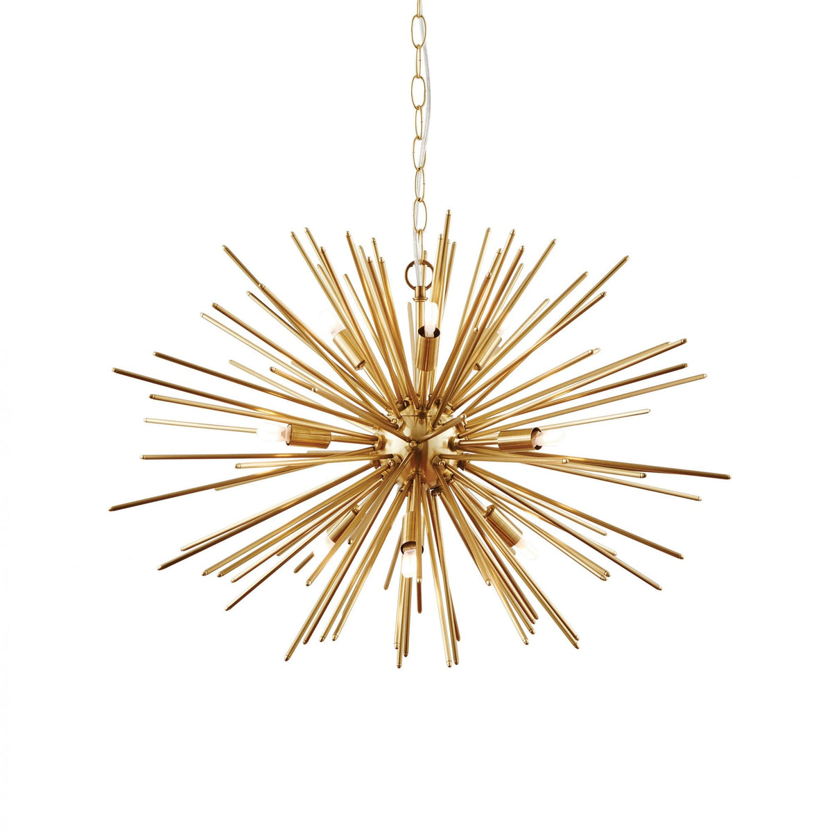 Gold sputnik chandelier with numerous arms and exposed bulbs, suspended by a chain against a white background.