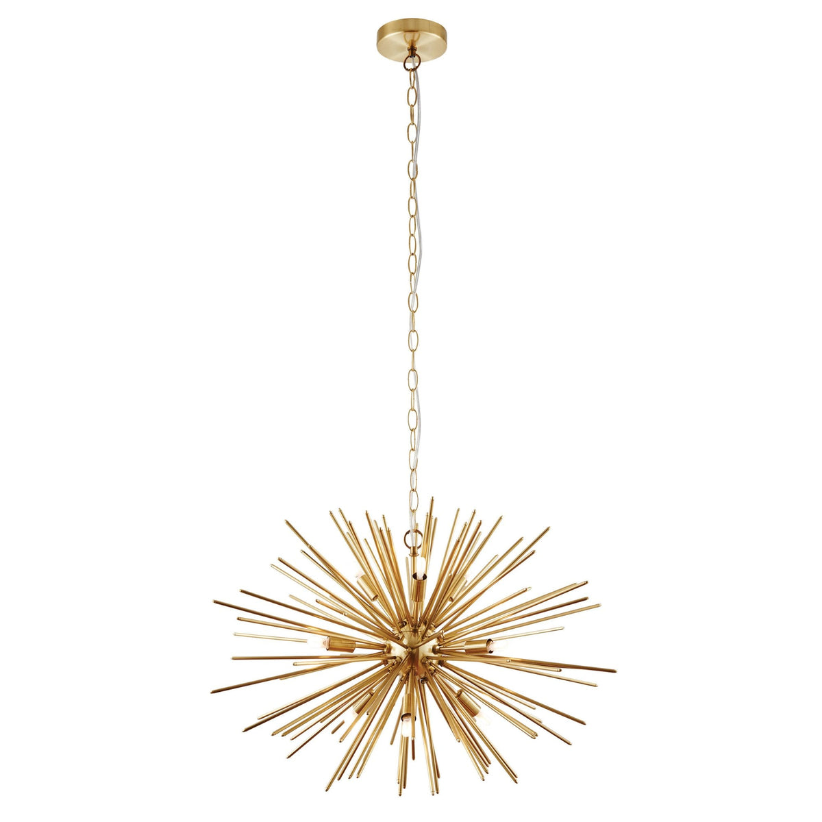 Full view of a gold sputnik chandelier hanging from a chain against a plain white background.