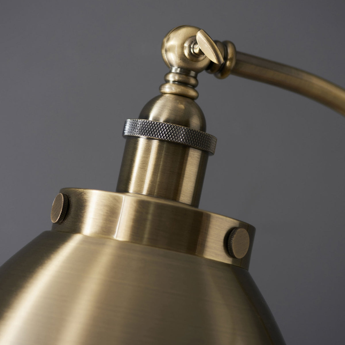 Close-up of the lamp's brass adjustable head, highlighting the vintage-style screws and textured collar.