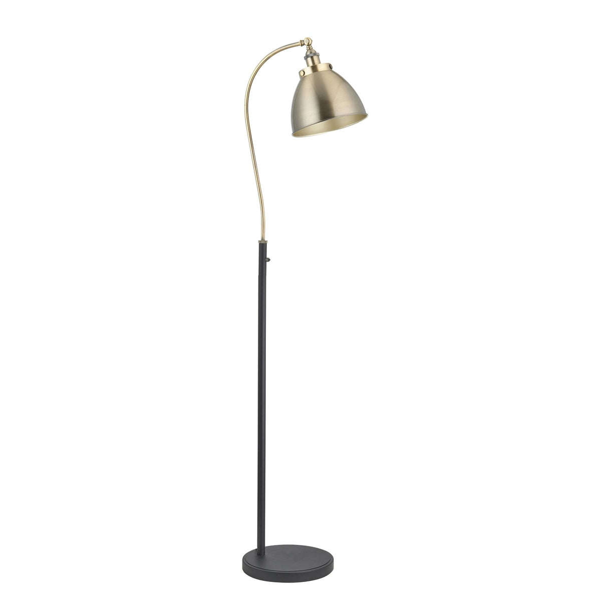 Full view of the bronze and black floor lamp with its elegant curved neck and sturdy round base.