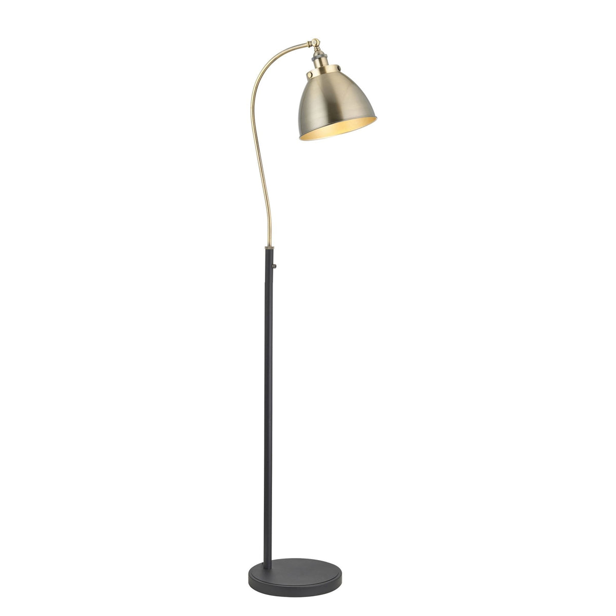 Full view of the bronze and black floor lamp with its elegant curved neck and sturdy round base.