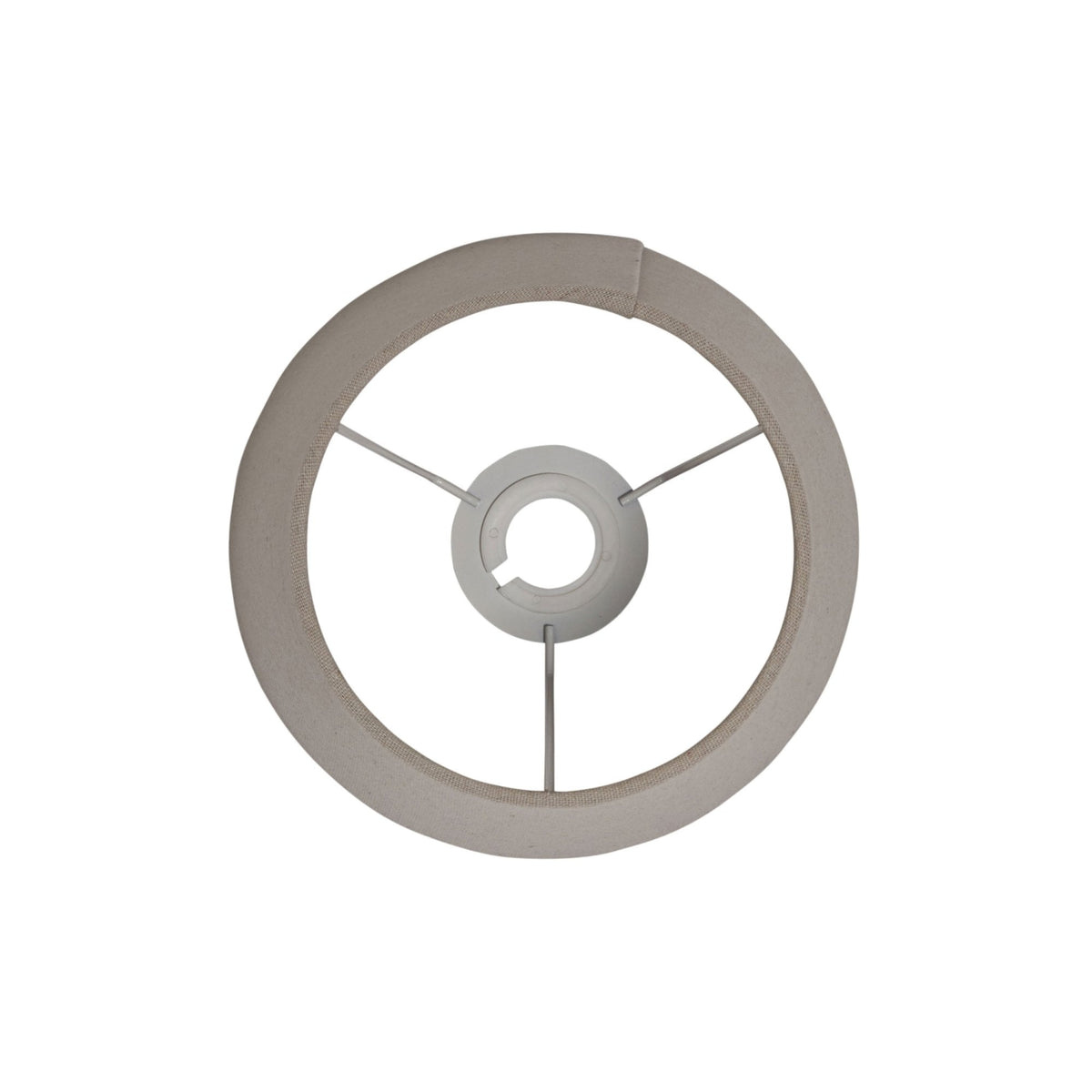 Top-down view of a natural linen tapered drum lampshade, showing the internal metal frame.