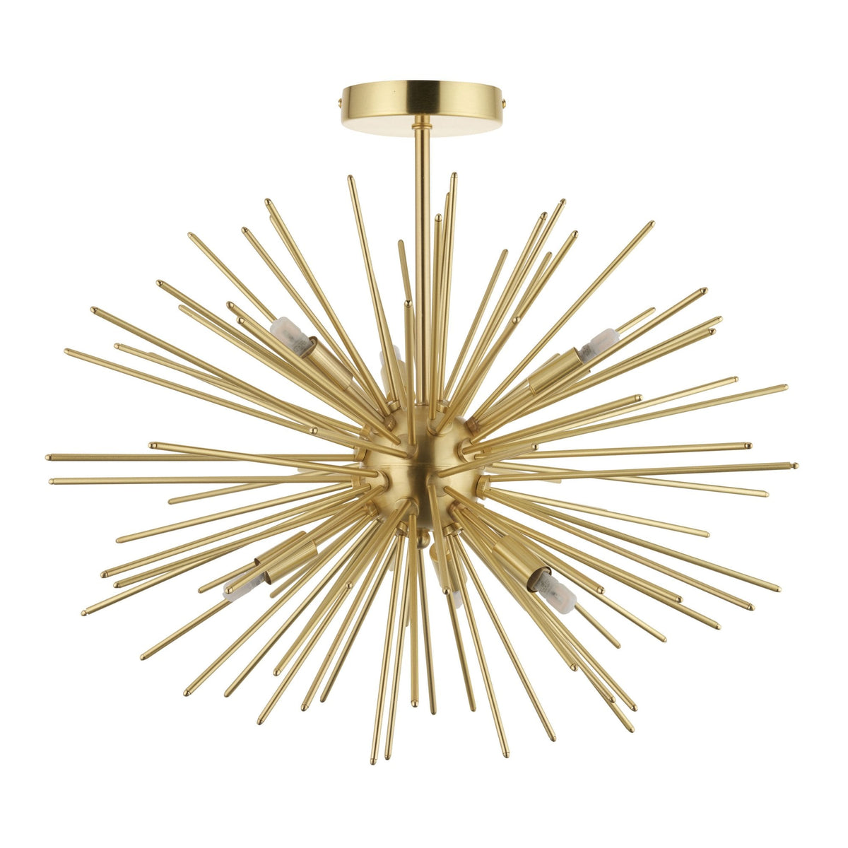 An eye-level shot of the 12-light Sputnik chandelier, showcasing its unique starburst design.