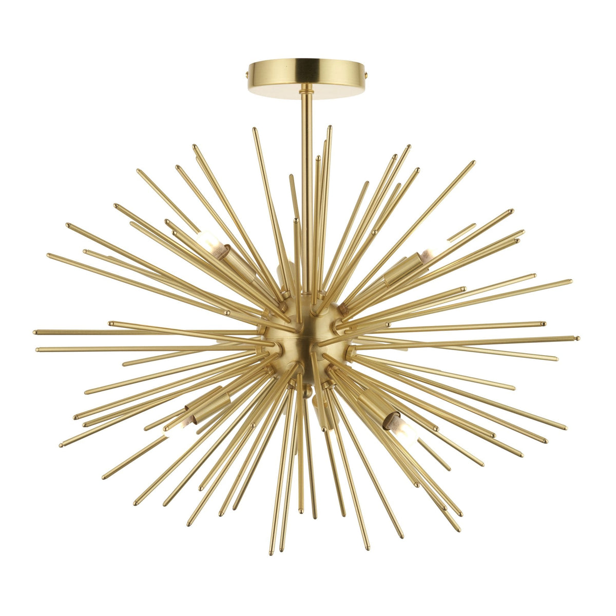A side view of the 12-light Sputnik chandelier, emphasizing its intricate golden rod arrangement.