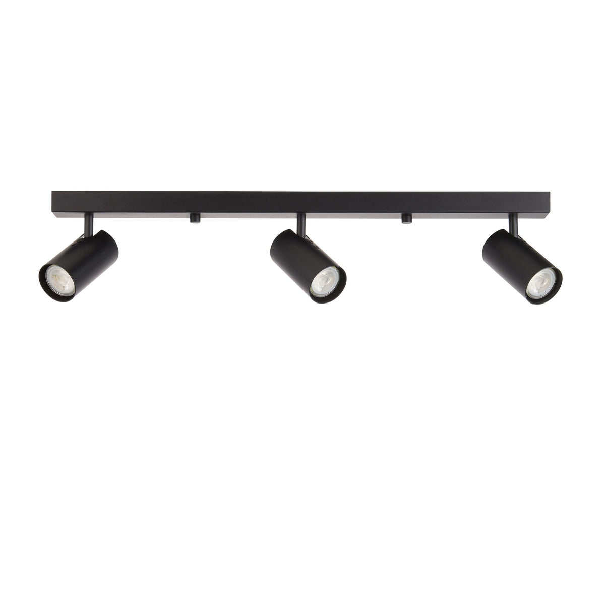 A black track light fixture with three adjustable spotlights against a plain white background.