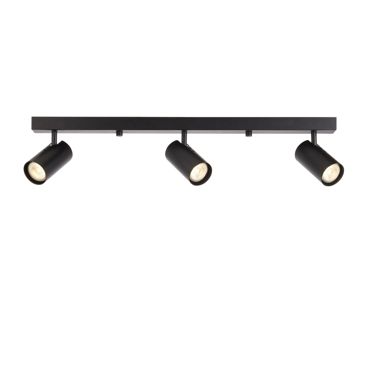 A black track light fixture with three adjustable spotlights against a plain white background.