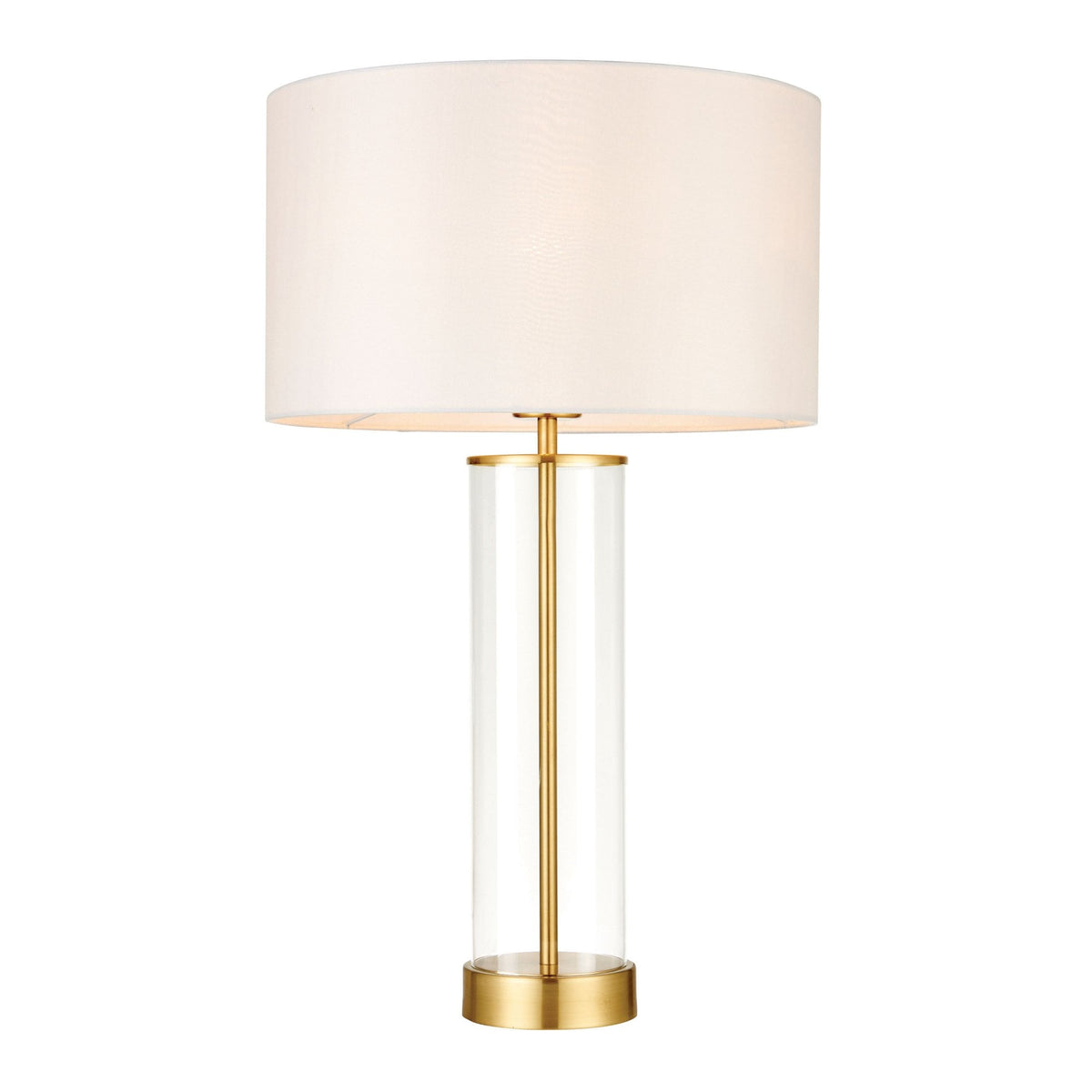 Modern table lamp with a clear glass column and brass accents, topped with a cream fabric shade.