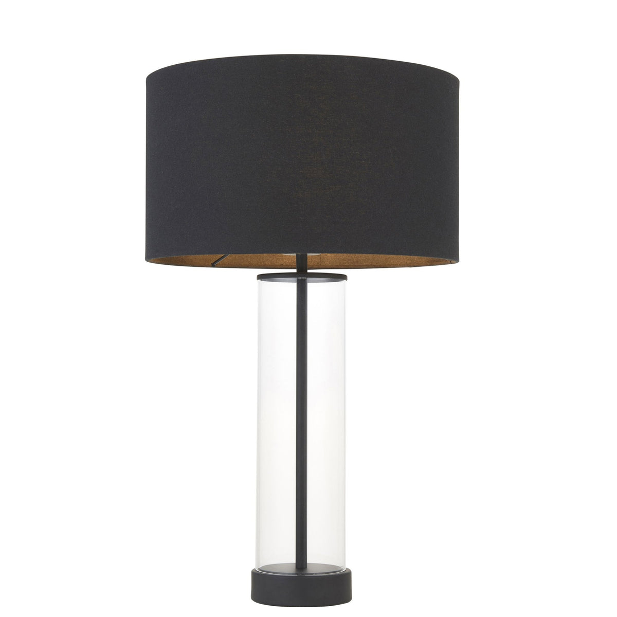 A black table lamp with a clear cylindrical glass base on a white background, highlighting its sleek design.