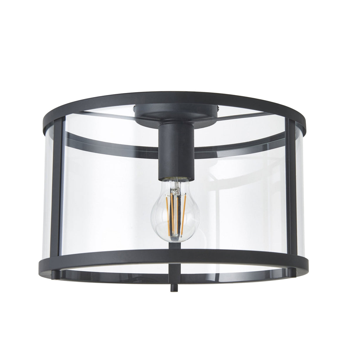 A flush-mount ceiling light featuring a black metal frame, clear glass, and exposed bulb.