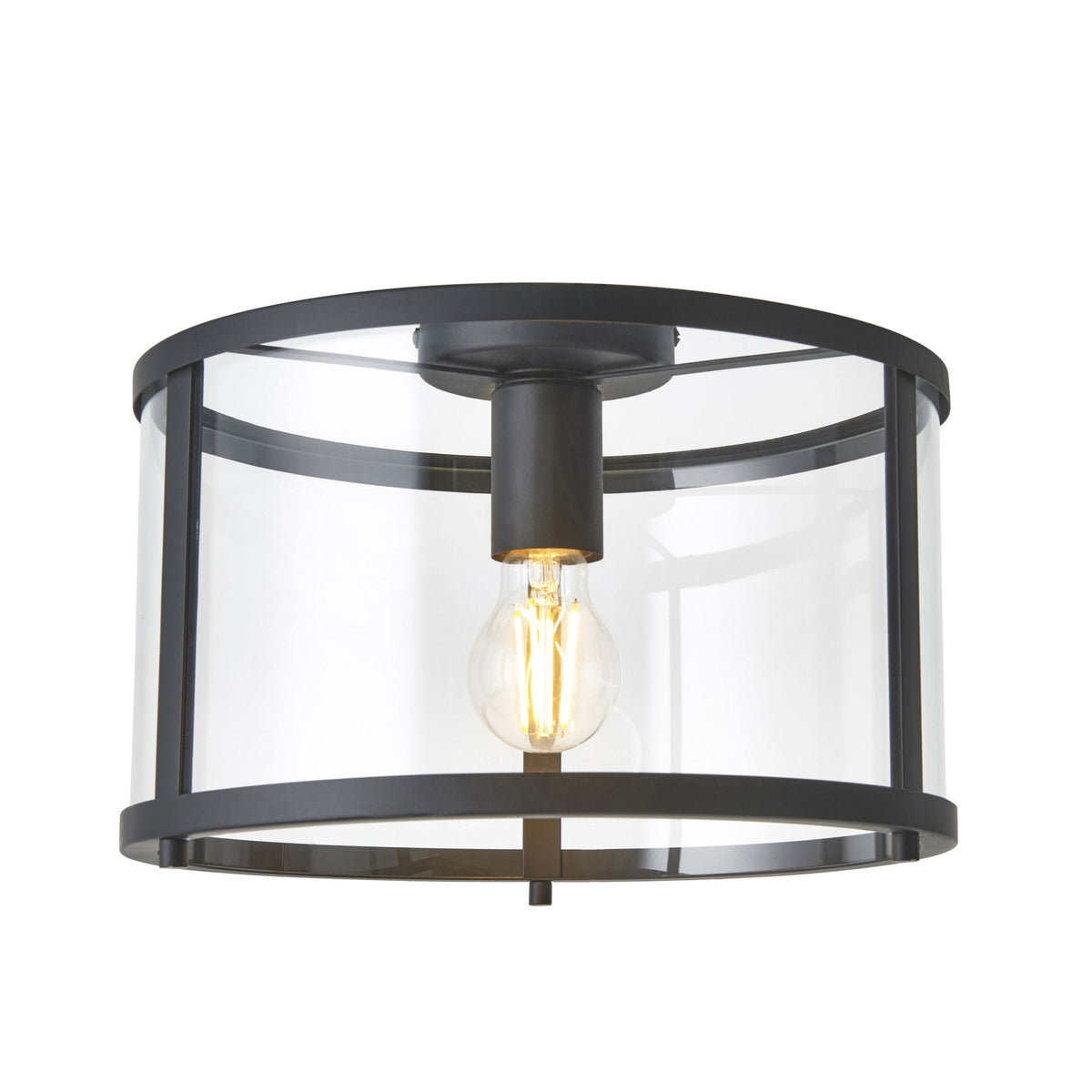A flush-mount ceiling light featuring a black metal frame, clear glass, and exposed bulb.