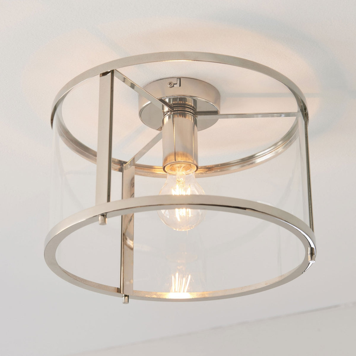 Hopton Flush Ceiling Light in Bright Nickel & Clear Glass