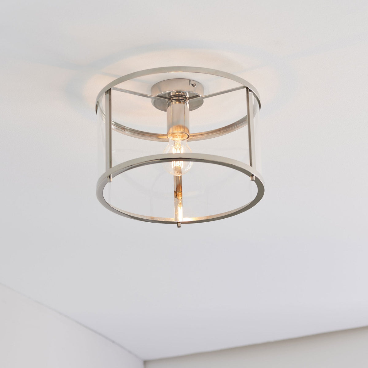 Hopton Flush Ceiling Light in Bright Nickel & Clear Glass