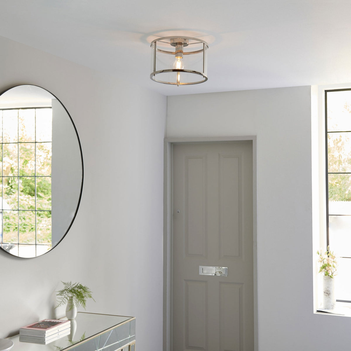 Hopton Flush Ceiling Light in Bright Nickel & Clear Glass