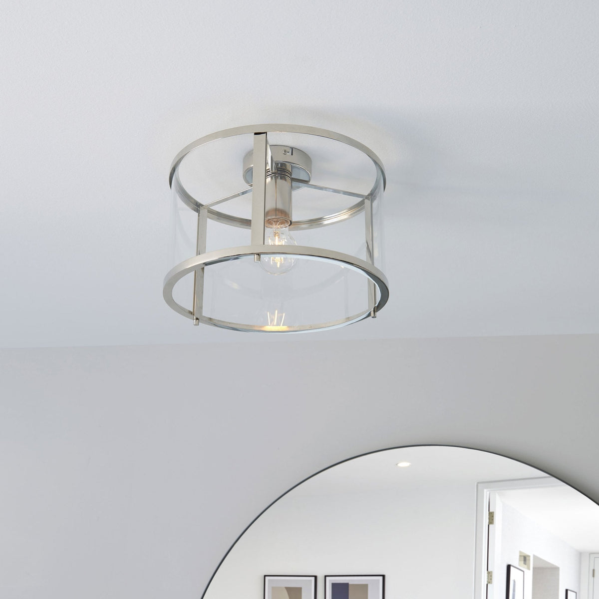Hopton Flush Ceiling Light in Bright Nickel & Clear Glass