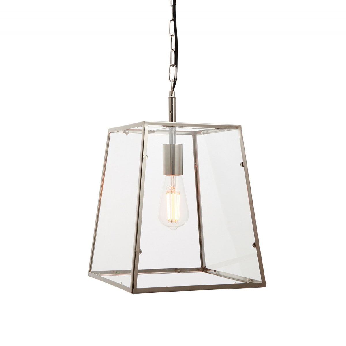 A clear glass and brushed nickel pendant light featuring an exposed filament bulb, isolated on white.