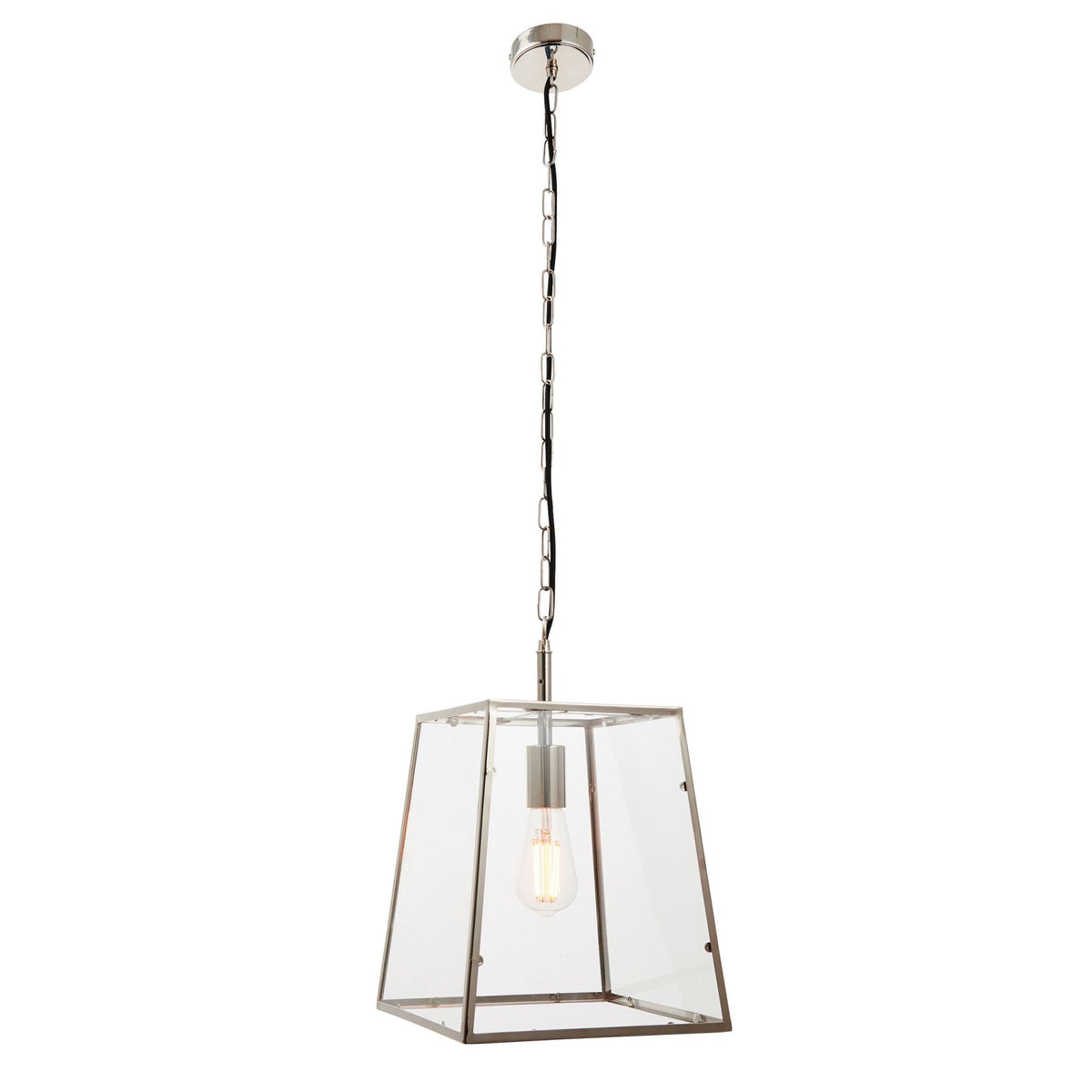 Full view of a clear glass and brushed nickel pendant light with an exposed filament bulb, isolated.