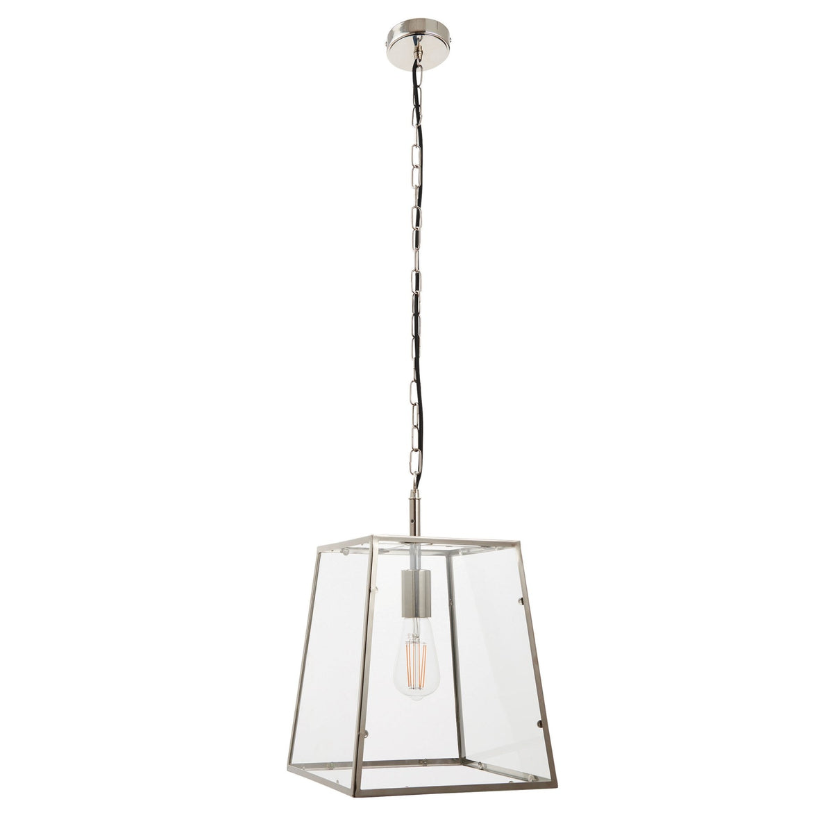 A modern clear glass and brushed nickel pendant light with an exposed filament bulb, full length.