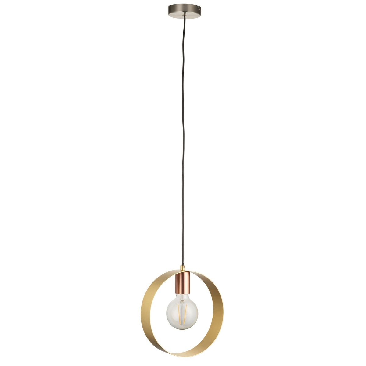 A solitary pendant light featuring a brass ring and copper detail, with a clear bulb, against a white background.