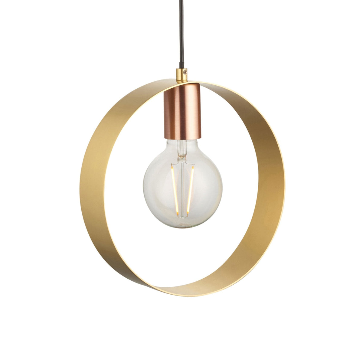 A pendant light featuring a brass ring and copper accent, with a clear bulb, on a white background.