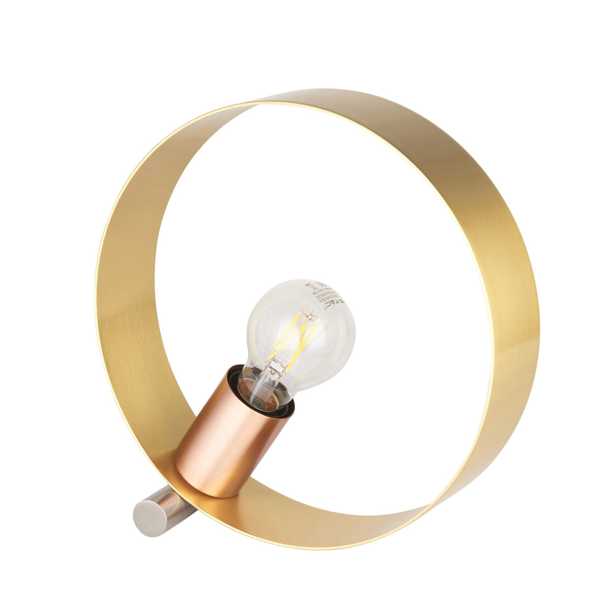 A brass ring-shaped table lamp with a copper bulb holder and a clear bulb on a white background.