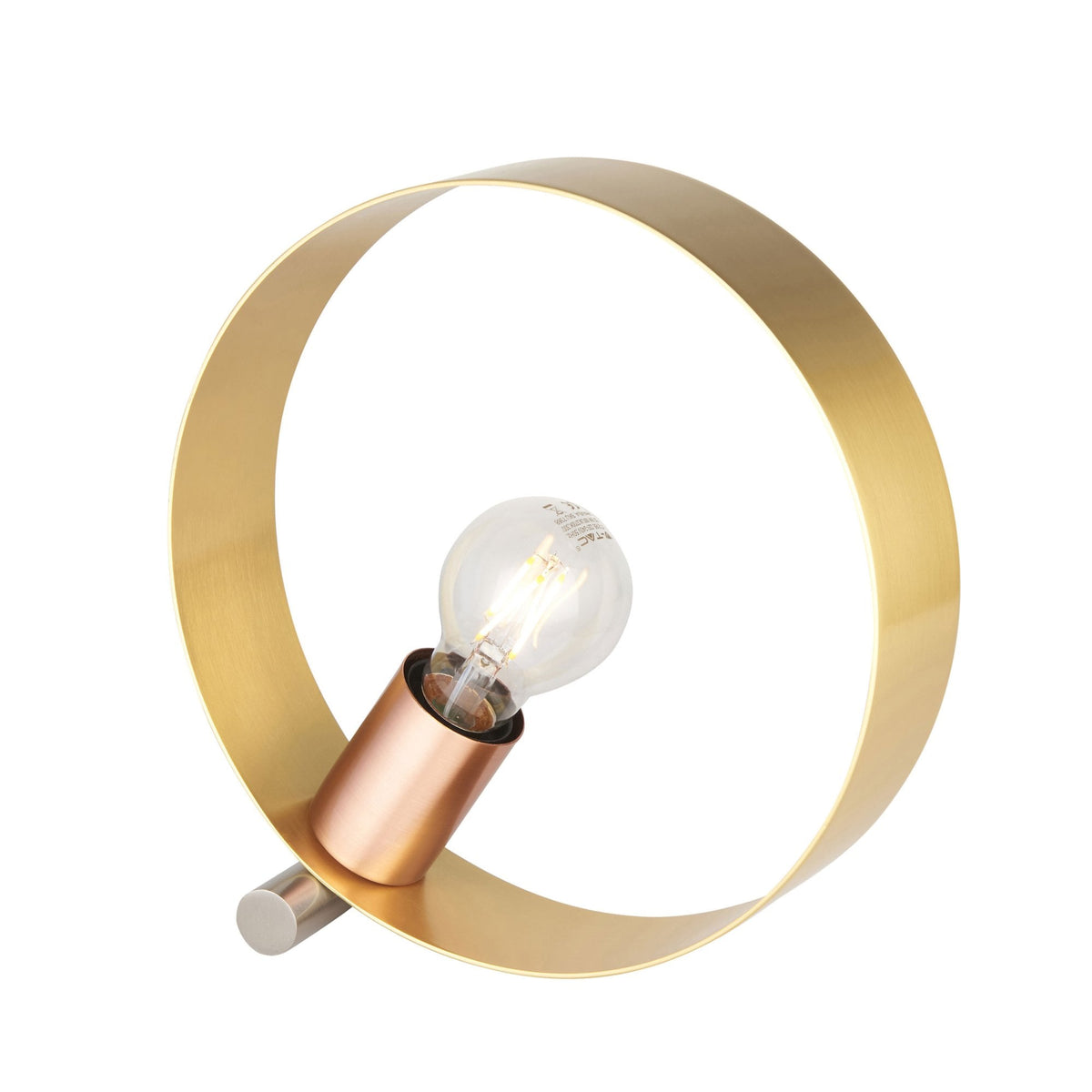 A brass ring-shaped table lamp with a copper bulb holder and a clear bulb on a white background.