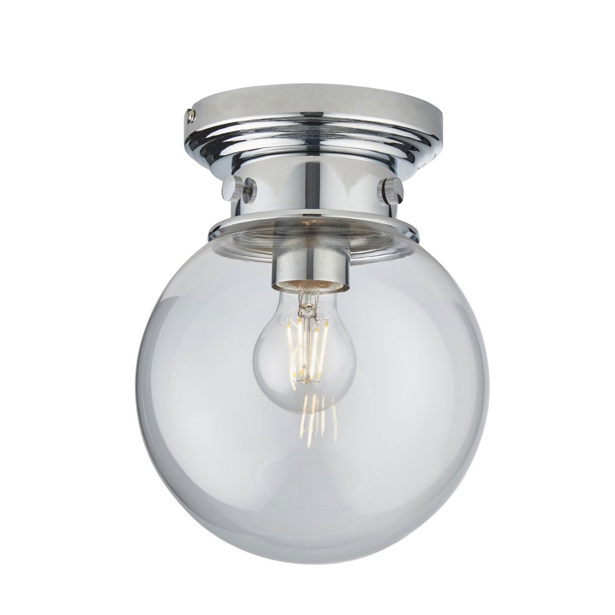 A flush mount ceiling light featuring a clear spherical glass shade and chrome hardware.
