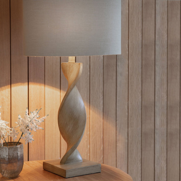Abia Table Lamp with Oak Effect Resin Base and Natural Linen Shade