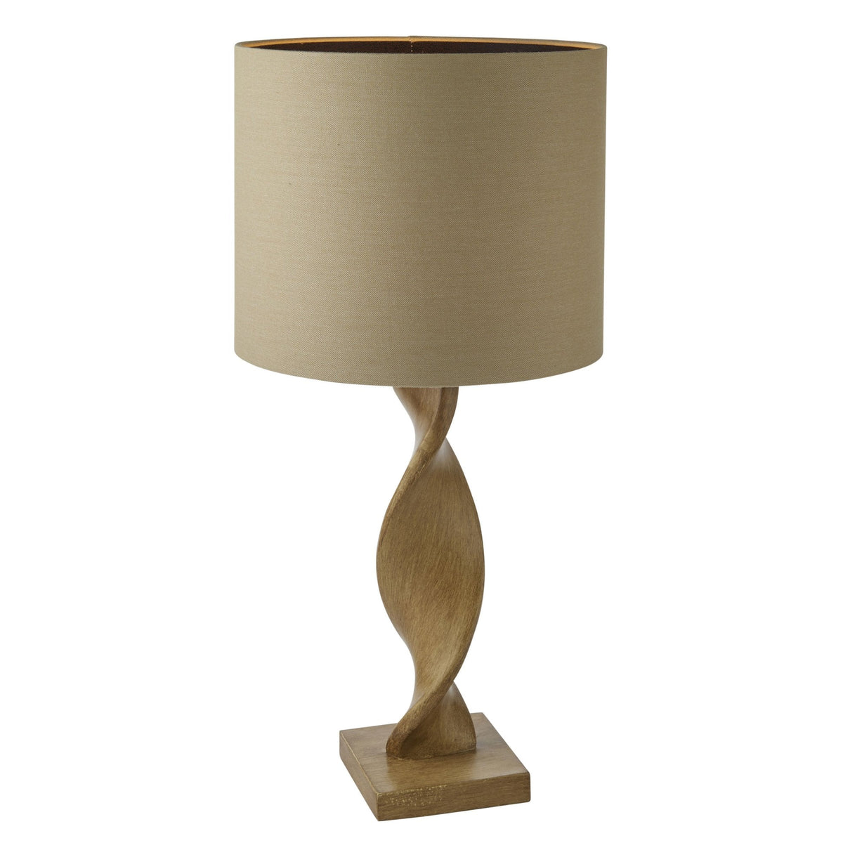 A modern table lamp with a light wooden twisted base and a beige drum shade on a plain background.