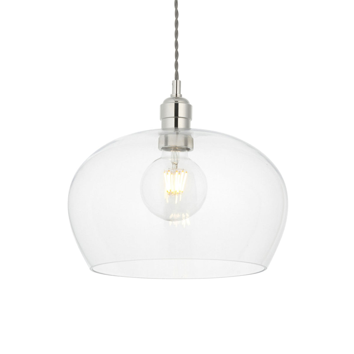 A single clear glass pendant light with a polished nickel fitting and exposed filament bulb.