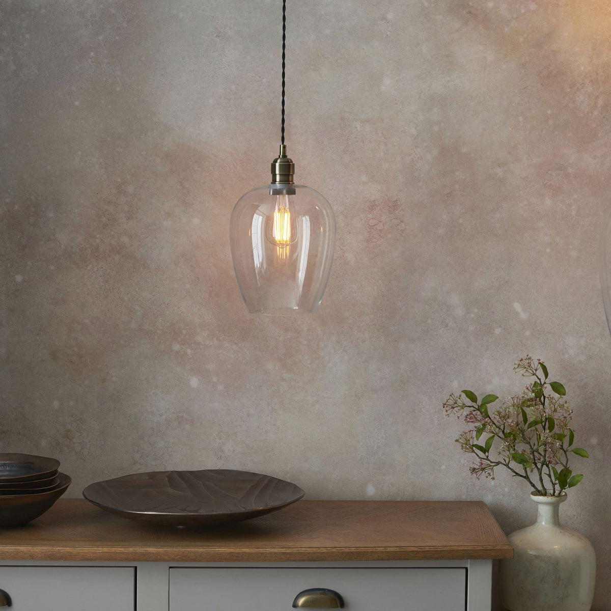 Hoburne Pendant in Antique Brass with Clear Glass