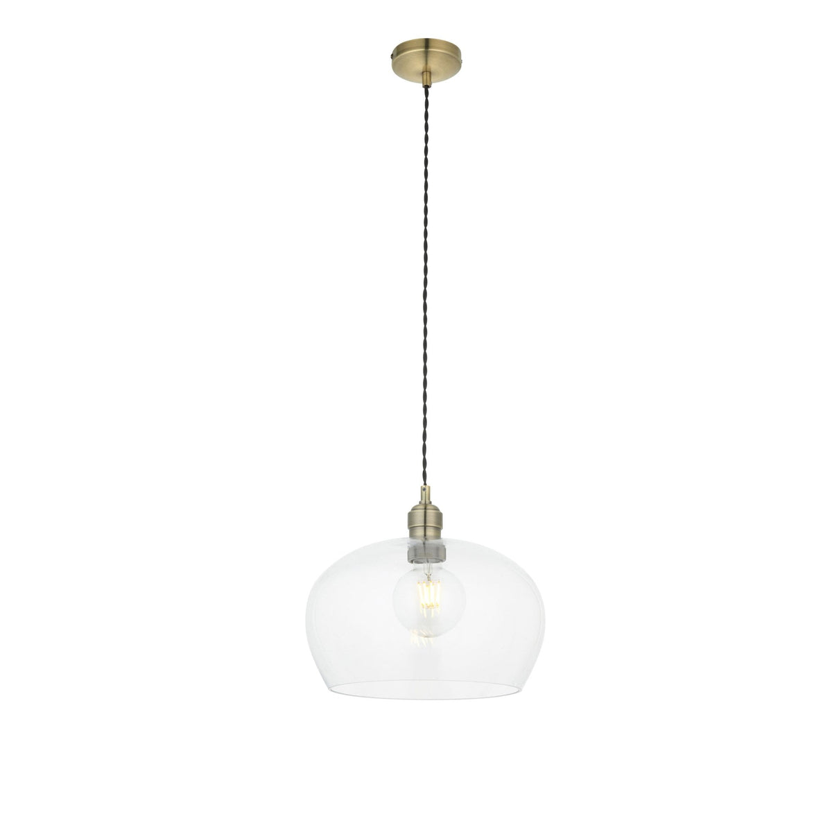 A clear glass pendant light with a brass ceiling rose and an exposed bulb, set against a plain white background.