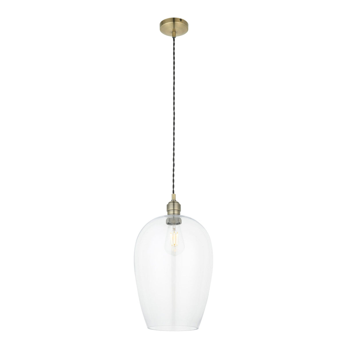 A clear glass pendant light with an Edison bulb and brass ceiling rose on a white background.