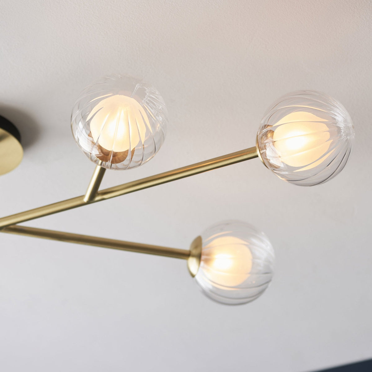 Osmond Six Lamp Ceiling Light in Satin Brass with Clear Ribbed & Frosted Glass