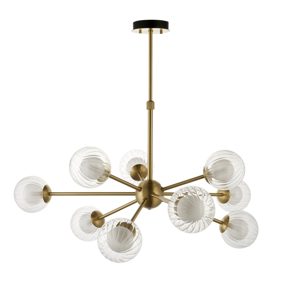 A modern brass chandelier with ten clear, textured glass globe lights against a white background.