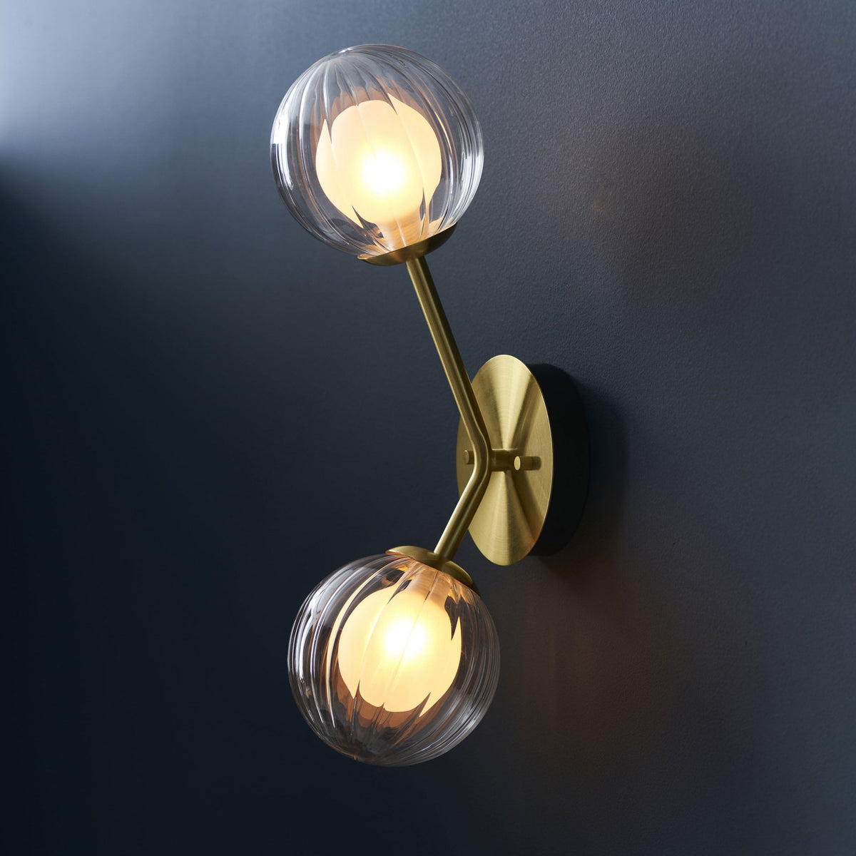 Osmond Two Lamp Wall Light in Satin Brass with Clear Ribbed & Frosted Glass