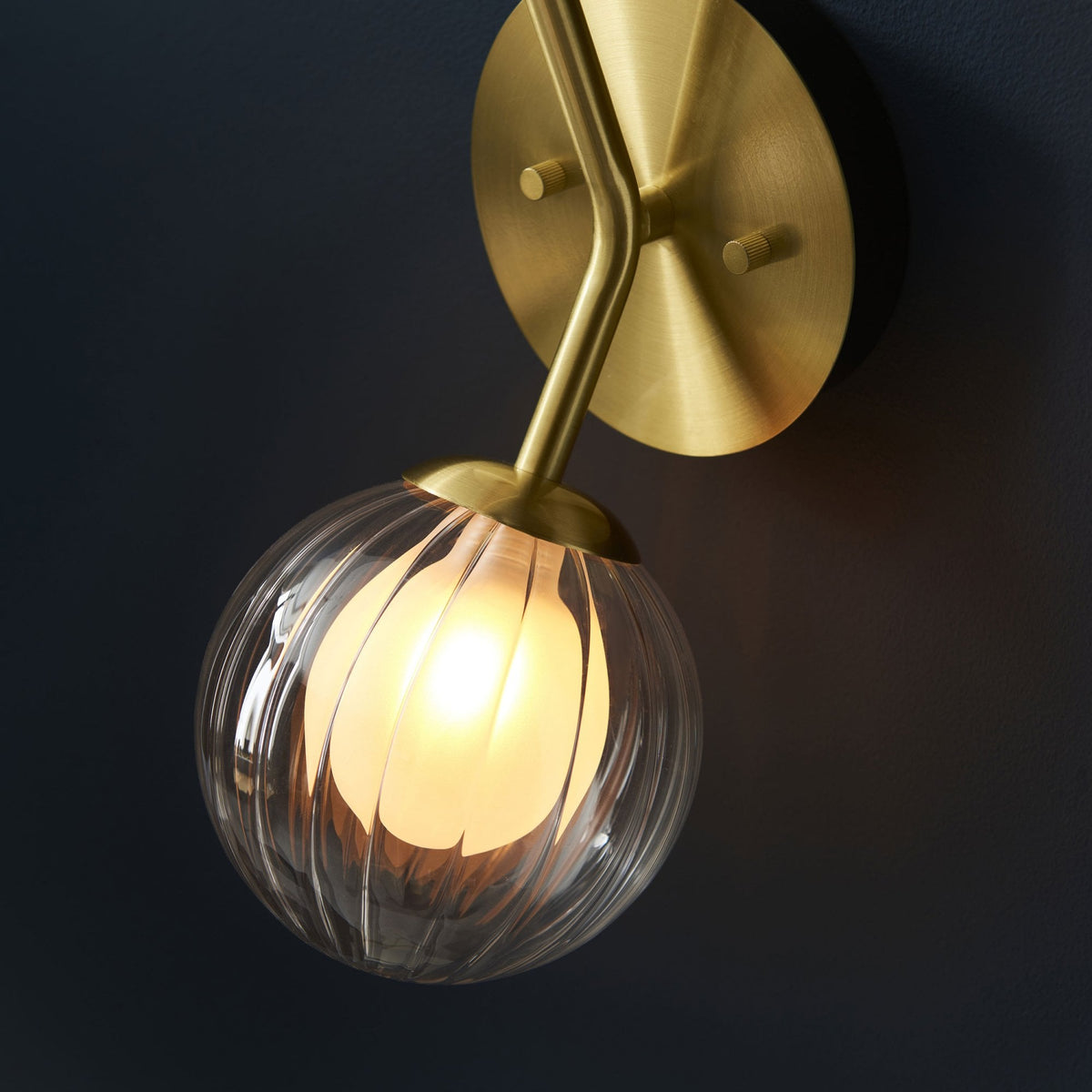 Osmond Two Lamp Wall Light in Satin Brass with Clear Ribbed & Frosted Glass